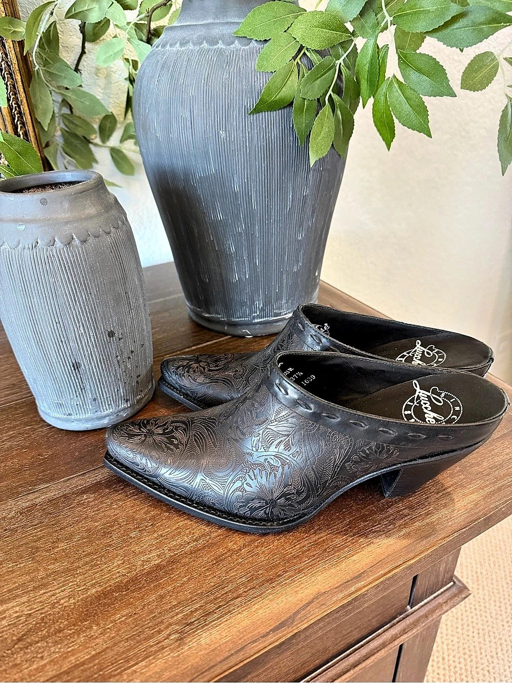 Lucchese Slide Mule Black Embossed Leather Western Boots Cowgirl Brazil 7B